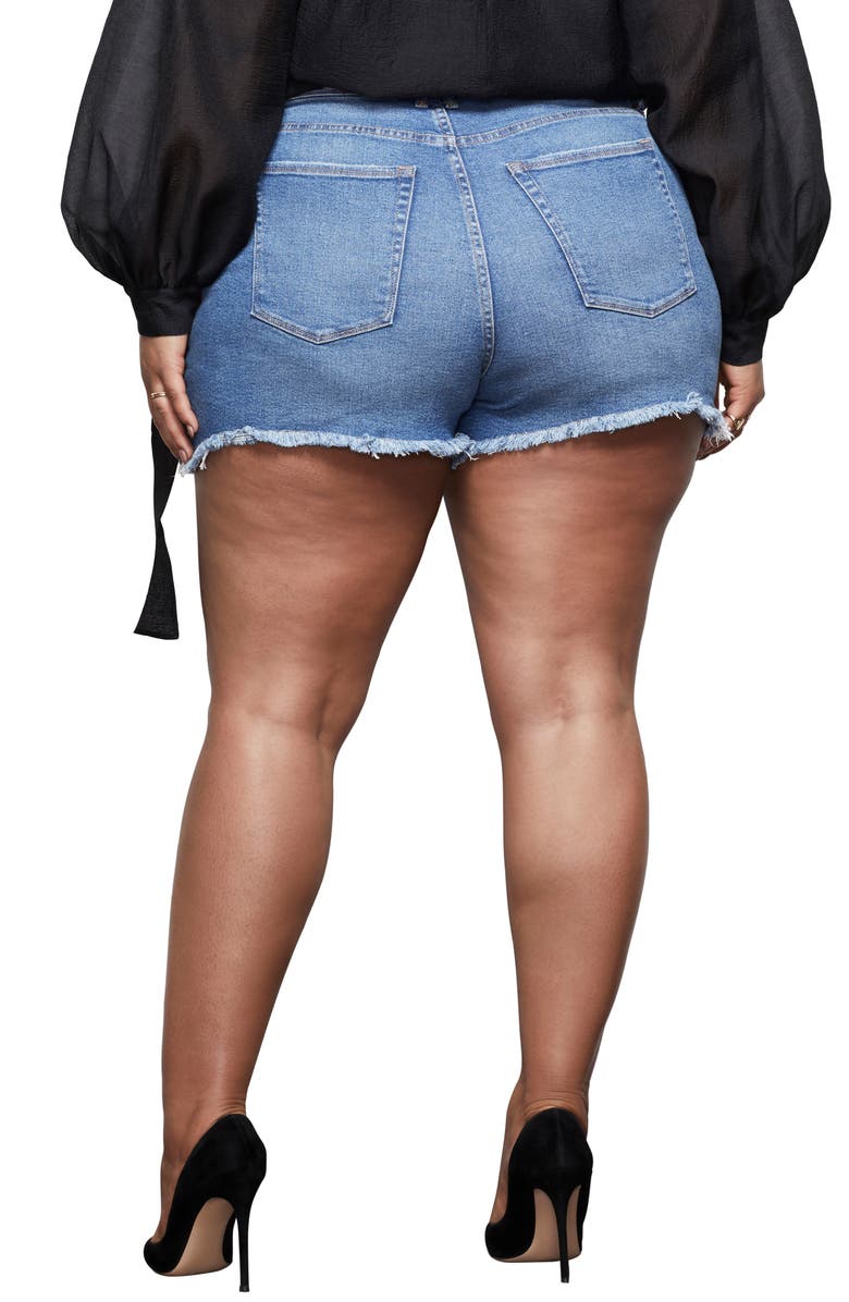 Good American The Bombshell High Waist Exposed Button Cutoff Denim Shorts, Alternate, color, 