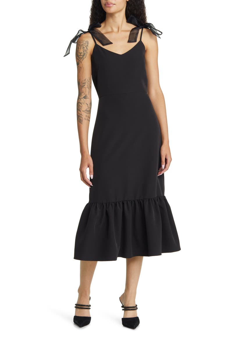 What a Gift Bow Strap Cocktail Midi Dress, Main, color, BLACK