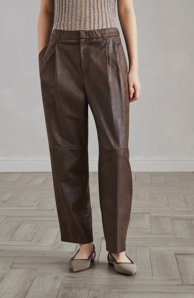 Brunello Cucinelli Wet-effect suede cropped baggy trousers, Alternate, color, 