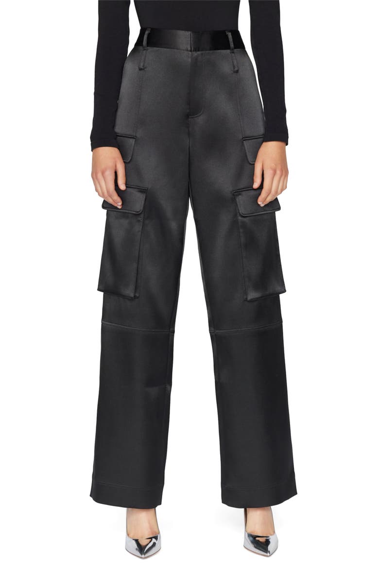 Relaxed Fit Straight Leg Satin Cargo Pants, Main, color, NOIR