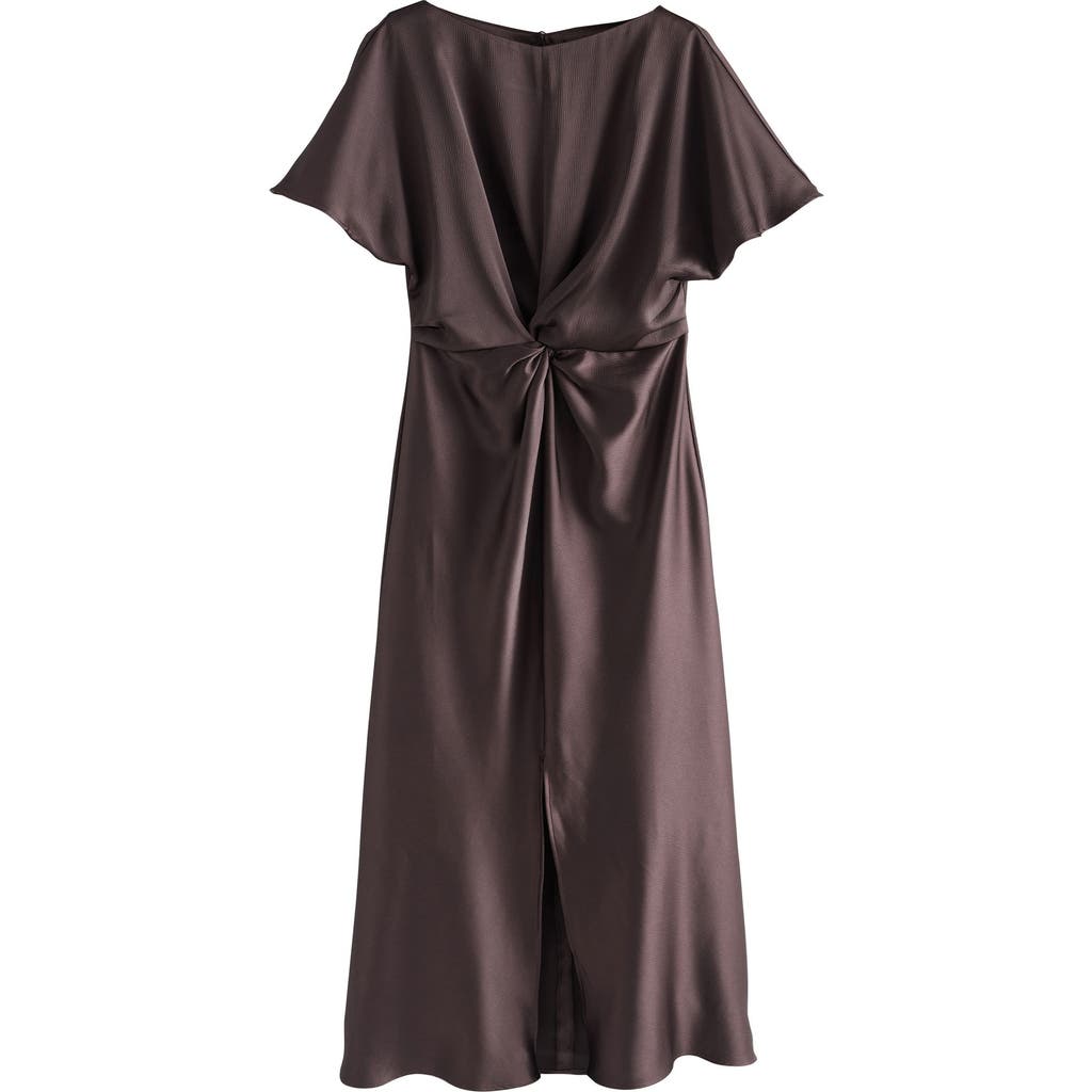 Next Short Sleeve Twist Front Midi Dress In Brown