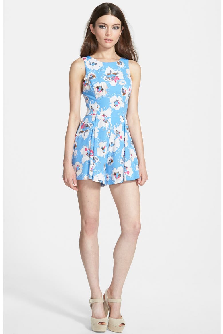 ASTR Bow Back Print Romper, Main, color, BLUE