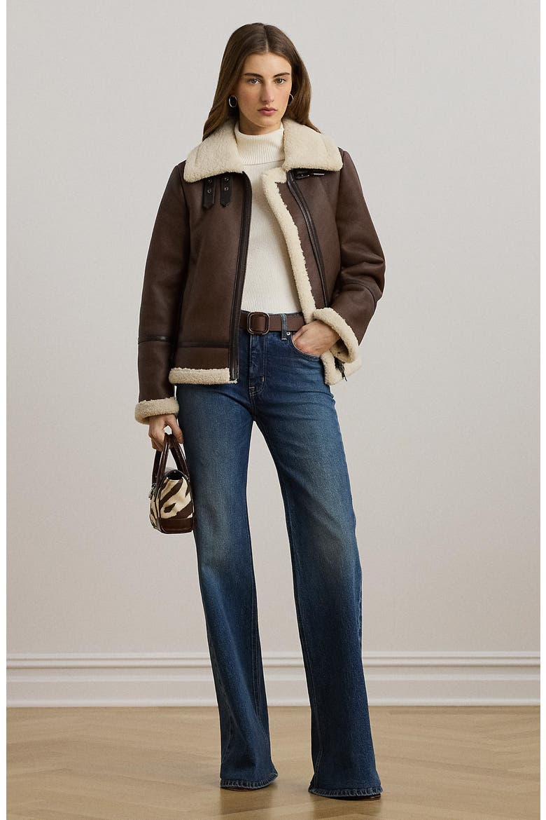 Faux Leather Jacket with Faux Shearling Trim, Alternate, color, DK CUOIO