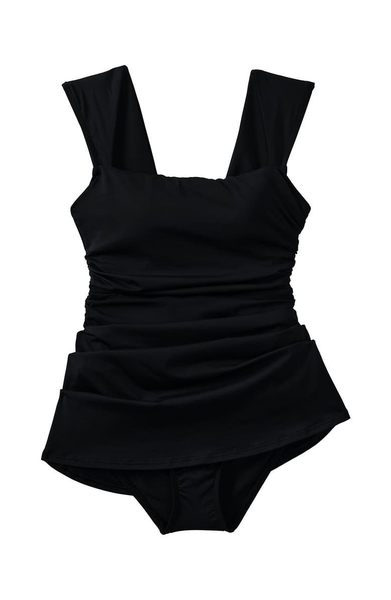 Lands' End Chlorine Resistant Square Neck Ruched Swim Dress One Piece Swimsuit, Alternate, color, Black