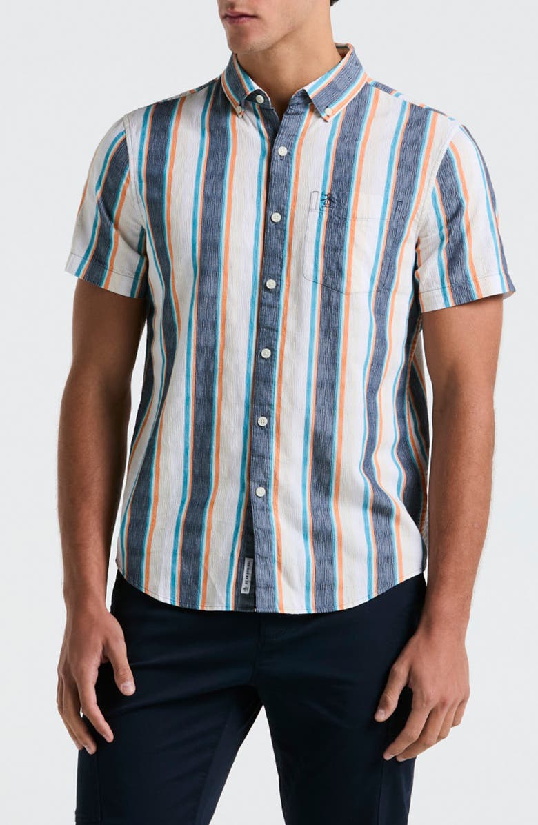 Original Penguin Crinkle Stripe Short Sleeve Button-Up Shirt, Main, color, Blue Wing Teal