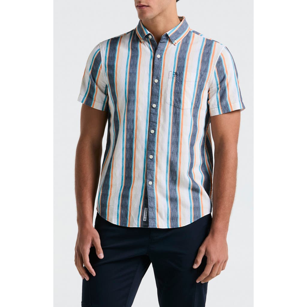 Original Penguin Crinkle Stripe Short Sleeve Button-up Shirt In Blue Wing Teal