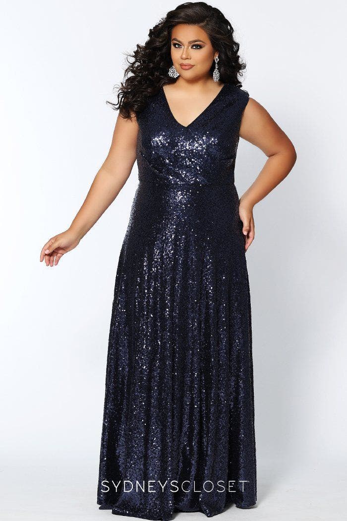 Celebrations by Sydney's Closet V-Neck Plus Size Sleeveless Sequin Maxi Dress in Navy 