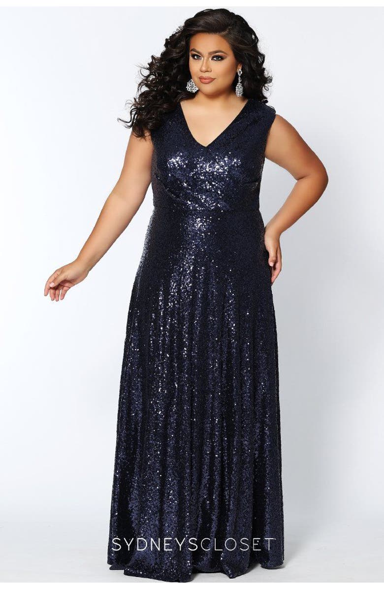 Celebrations by Sydney's Closet V-Neck Plus Size Sleeveless Sequin Maxi Dress, Main, color, Navy