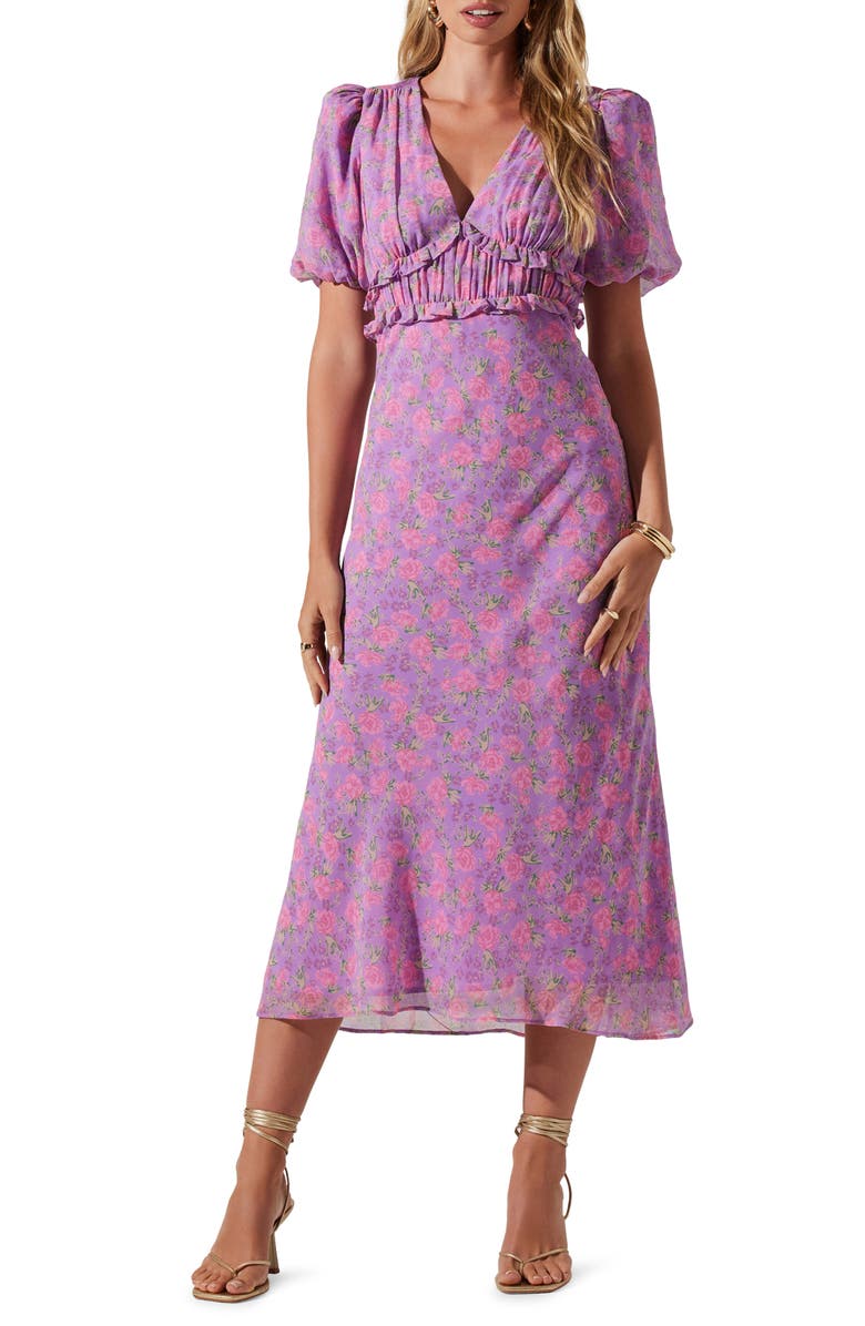 ASTR the Label Esperanza Floral Back Cutout Midi Dress, Main, color, Purple Pink Floral