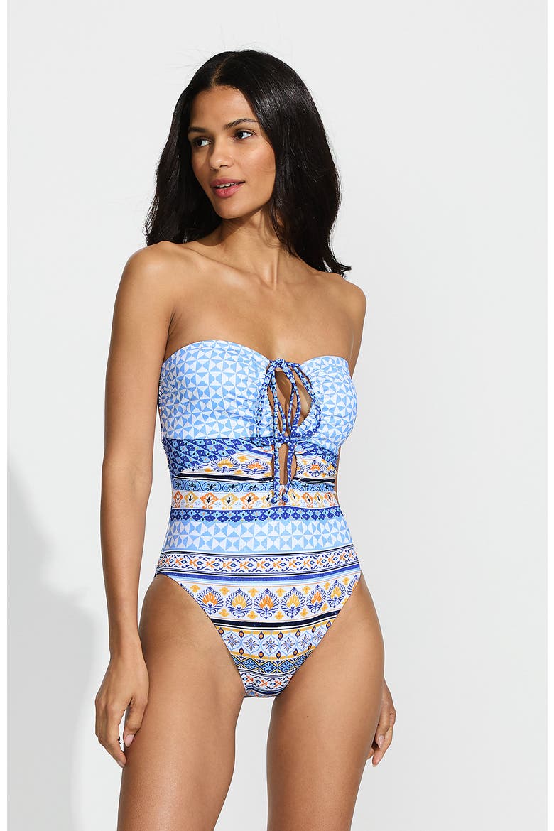 Ruched Multi-Way V-Neck Halter High Leg One Piece Swimsuit, Main, color, White Mosaic Multi Stripe
