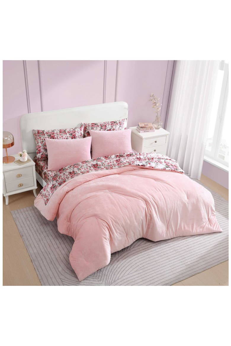 Floral Reversible Microfiber & Velvet Duvet Cover Set, Alternate, color, PINK