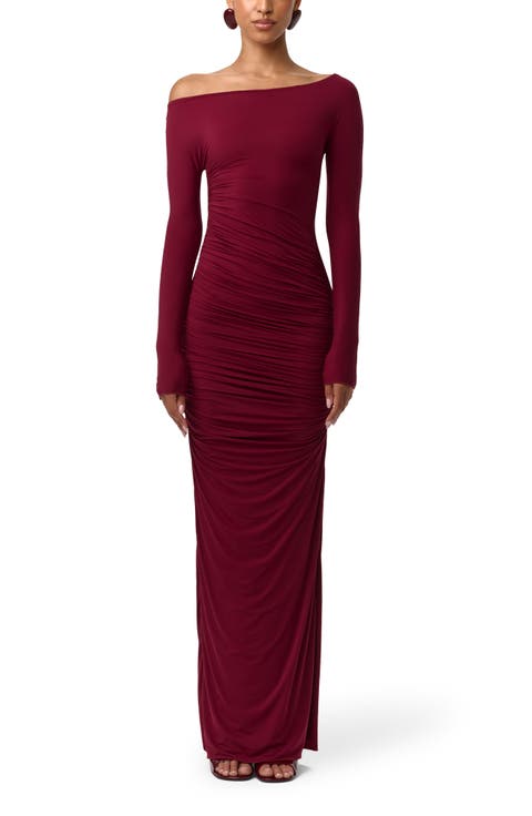 Ruched Off the Shoulder Long Sleeve Maxi Dress
