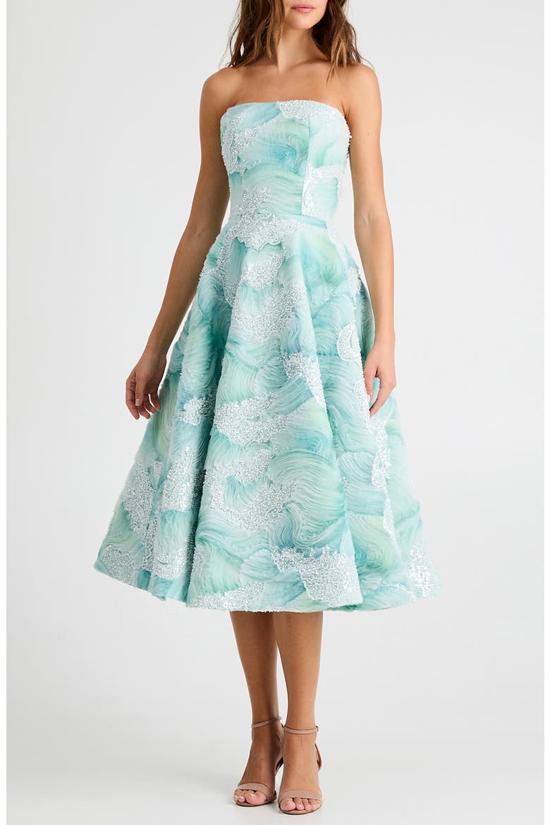Vivi Bead Detail Print Strapless Cocktail Midi Dress, Main, color, SEAFOAM