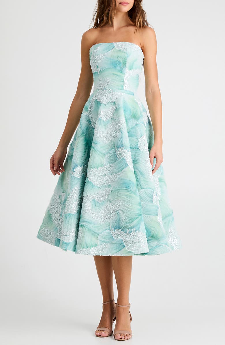 HELSI Vivi Bead Detail Print Strapless Cocktail Midi Dress, Main, color, Seafoam