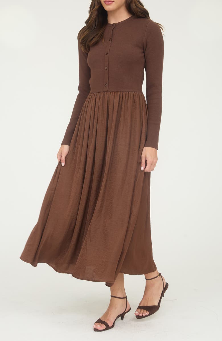AUGUST SKY Mixed Media Long Sleeve Maxi Dress, Alternate, color, Brown