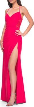 La Femme Sheer Lace Side Panel Jersey Long Dress in Hot Coral
