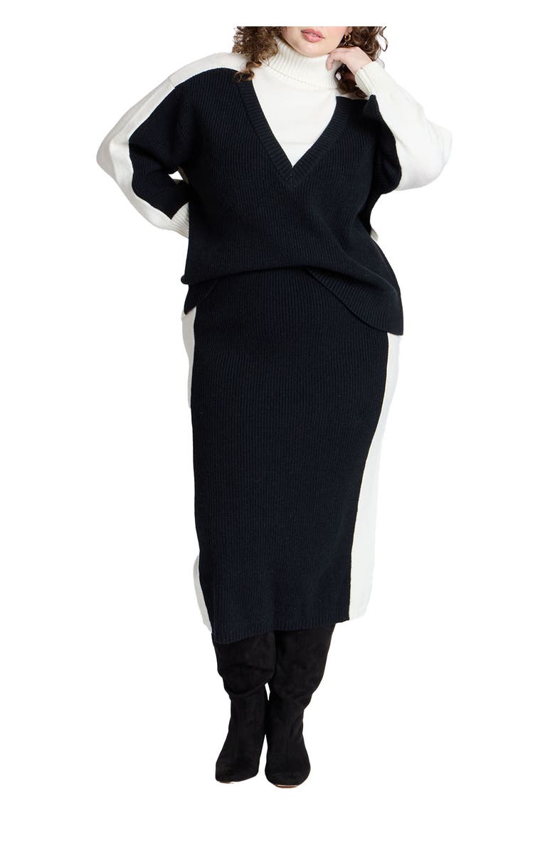 ELOQUII Colorblocked Sweater Midi Skirt, Main, color, Black And White Colorblock