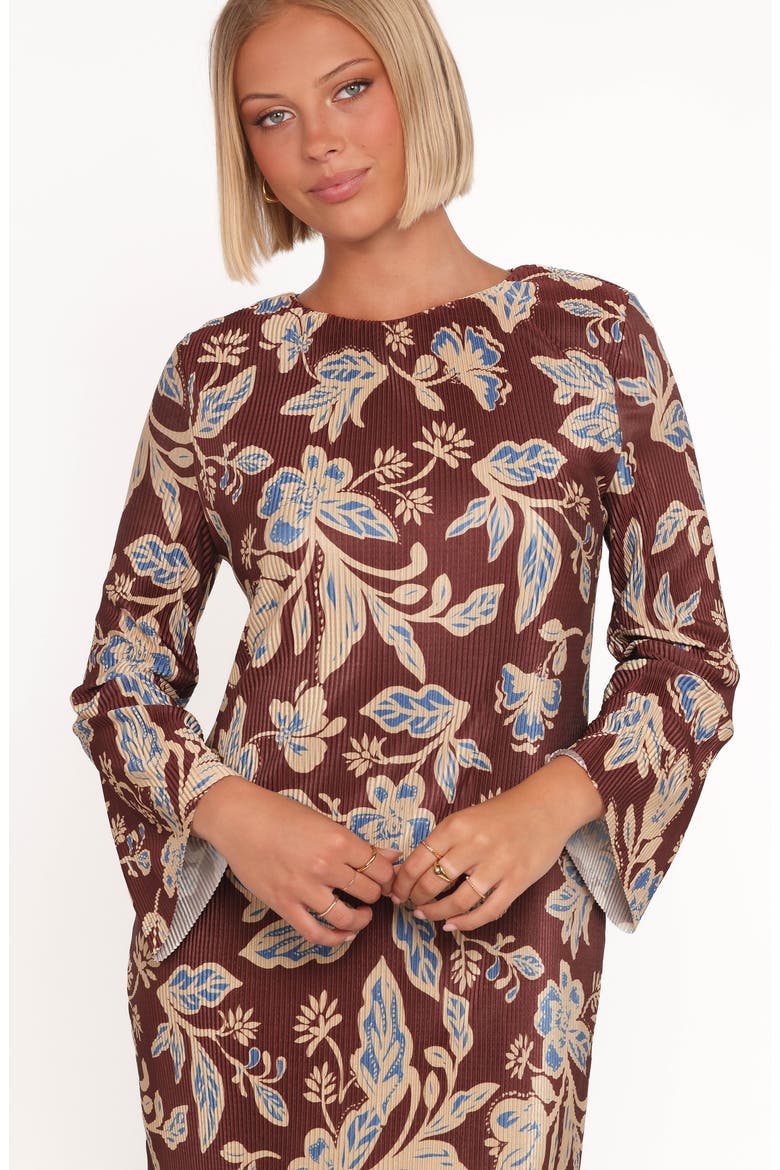 Morena Plissé Long Sleeve Midi Dress, Alternate, color, BROWN FLORAL