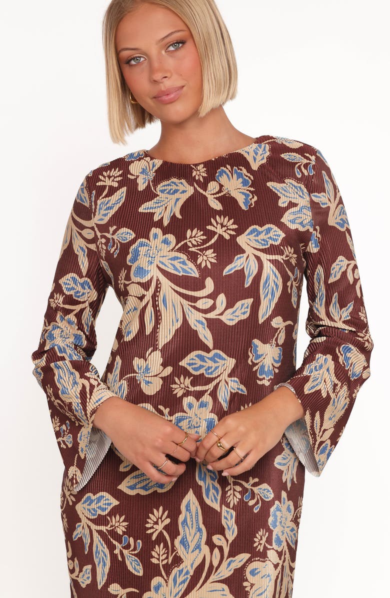 Petal & Pup Morena Plissé Long Sleeve Midi Dress, Alternate, color, Brown Floral