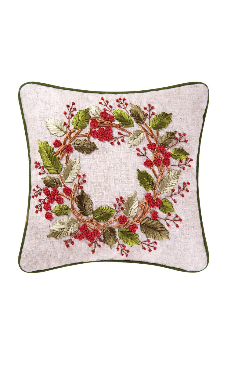 C&F Home Berry Wreath Christmas Botanical Small/Petite Accent Pillow, 12" x 12", Main, color, Brown