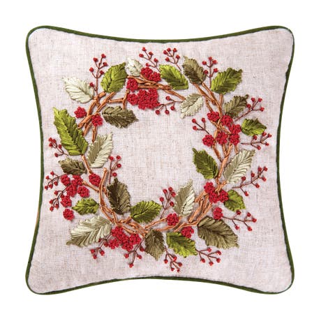 Berry Wreath Christmas Botanical Small/Petite Accent Pillow, 12" x 12"