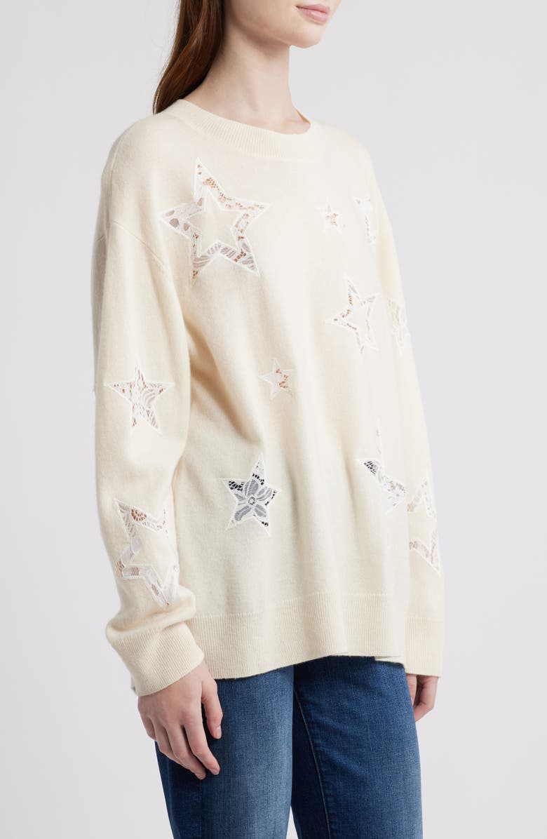 LoveShackFancy Westcott Star Lace Detail Wool & Cashmere Sweater, Alternate, color, Ivory