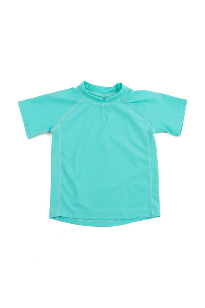 Kids Short Sleeve Rash Guard, UPF 50+ Swim Shirt, Main, color, AQUA