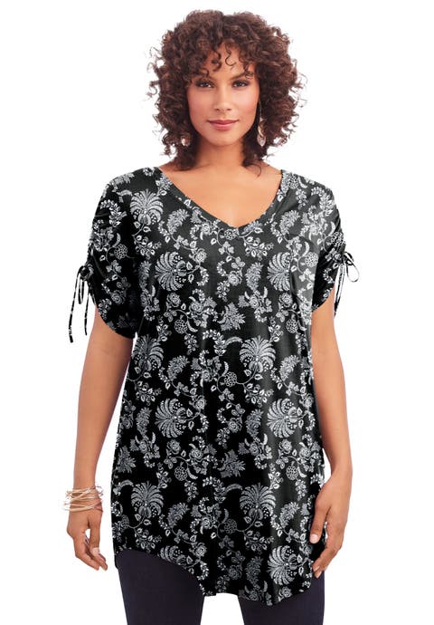 Plus Size Ruched Sleeve Ultra Drape Tunic (Plus)