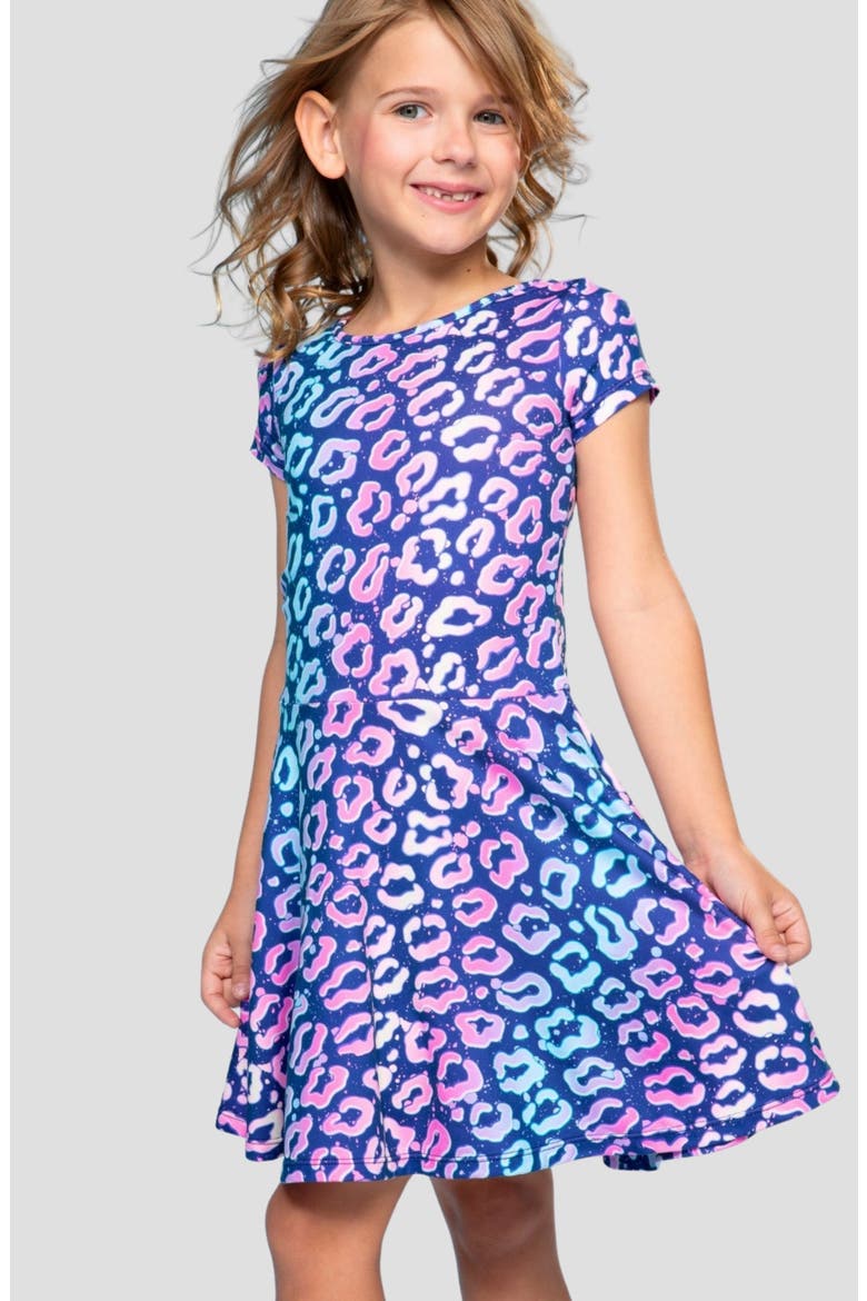 Kids' Simply Soft Short Sleeve Skater Dress, Alternate, color, DENIM LEOPARD