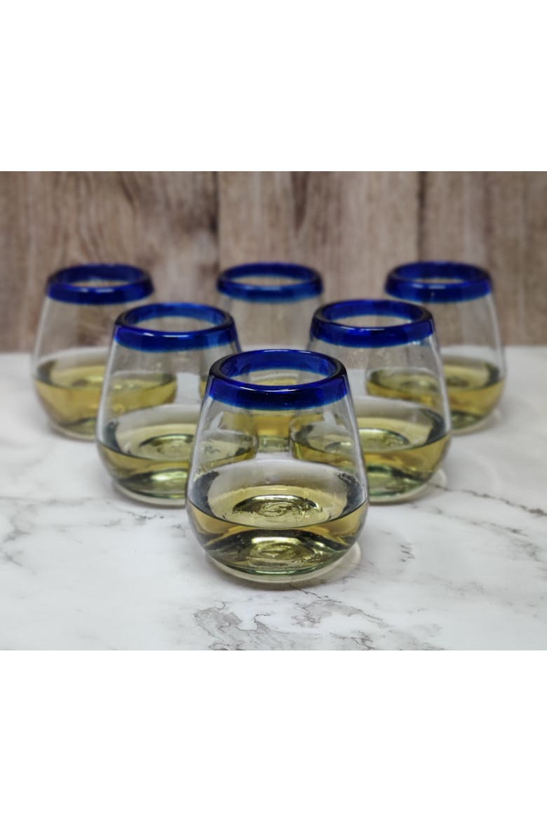 Hand Blown Stemless Wine Glasses - Set of 6, Alternate, color, Cobalt Rim