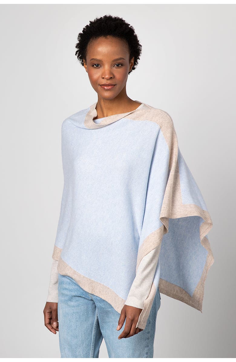 Kinross Cashmere Contrast Border Poncho, Alternate, color, Indigo