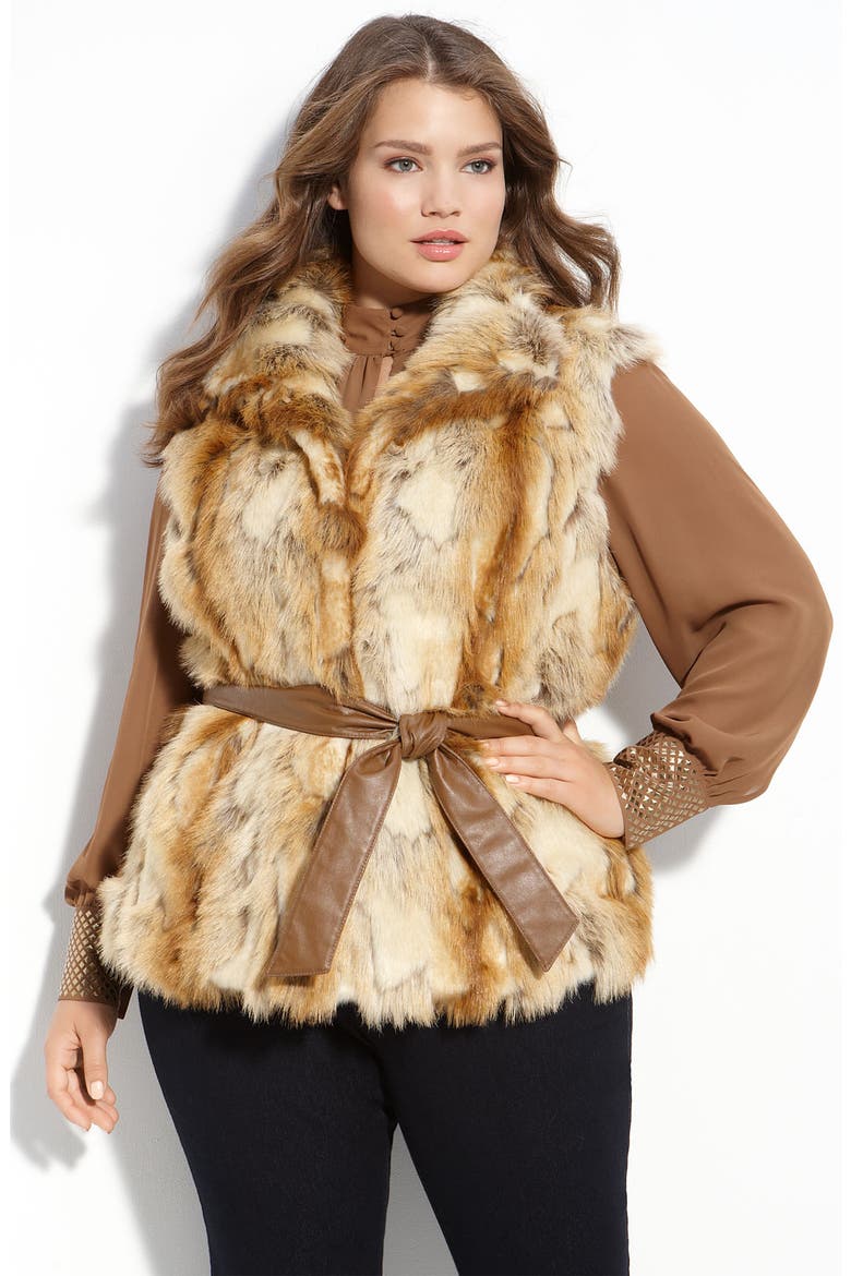 Belted Faux Fur Vest, Main, color, CAMEL
