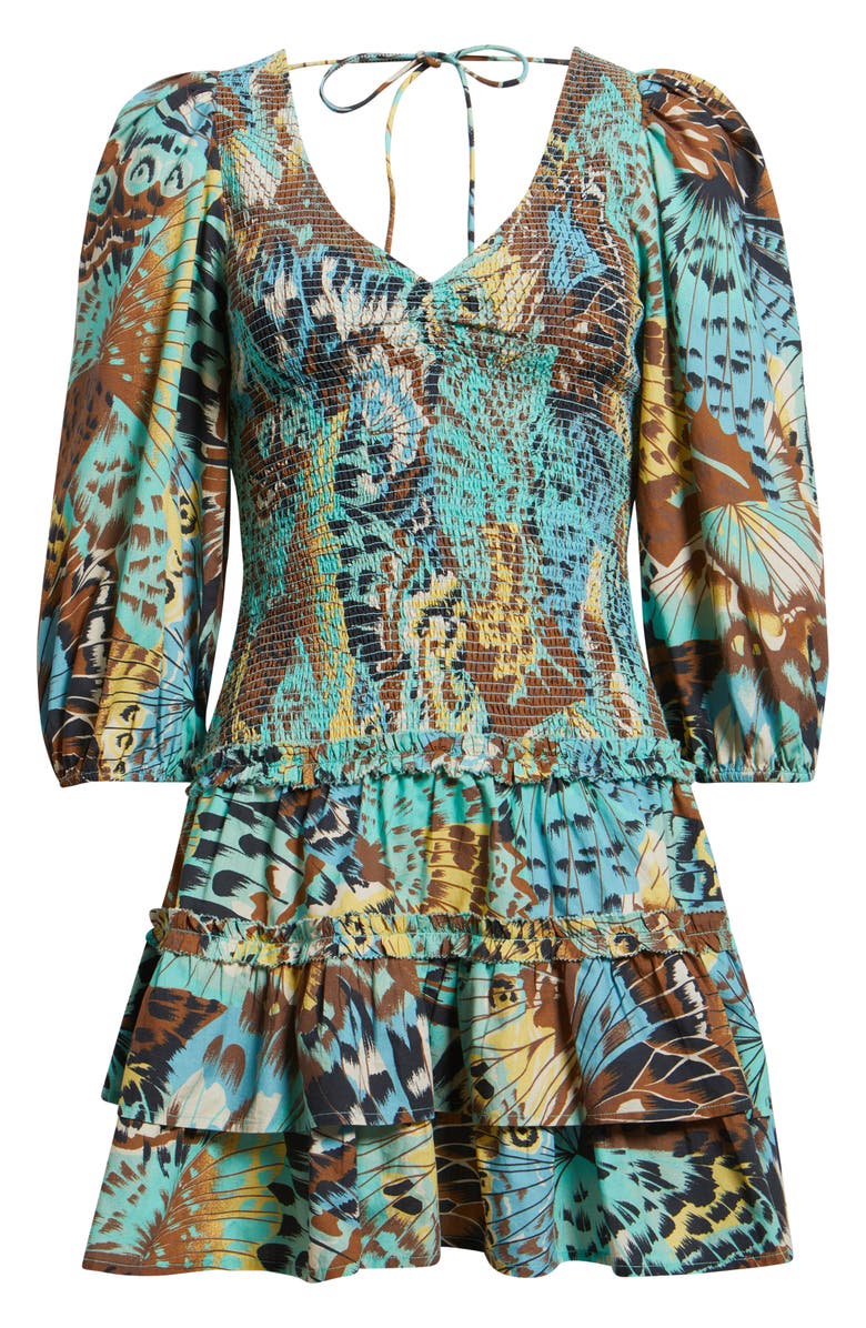 LOVE THE LABEL Audrey Smocked Layered Ruffle Long Sleeve Dress, Alternate, color, Born To Fly Print