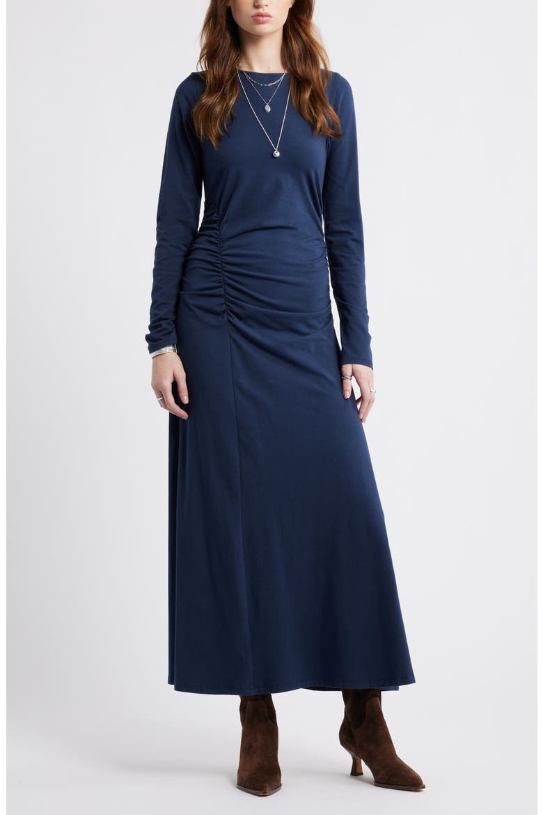 Side Ruched Long Sleeve Stretch Cotton Dress, Main, color, NAVY STILL