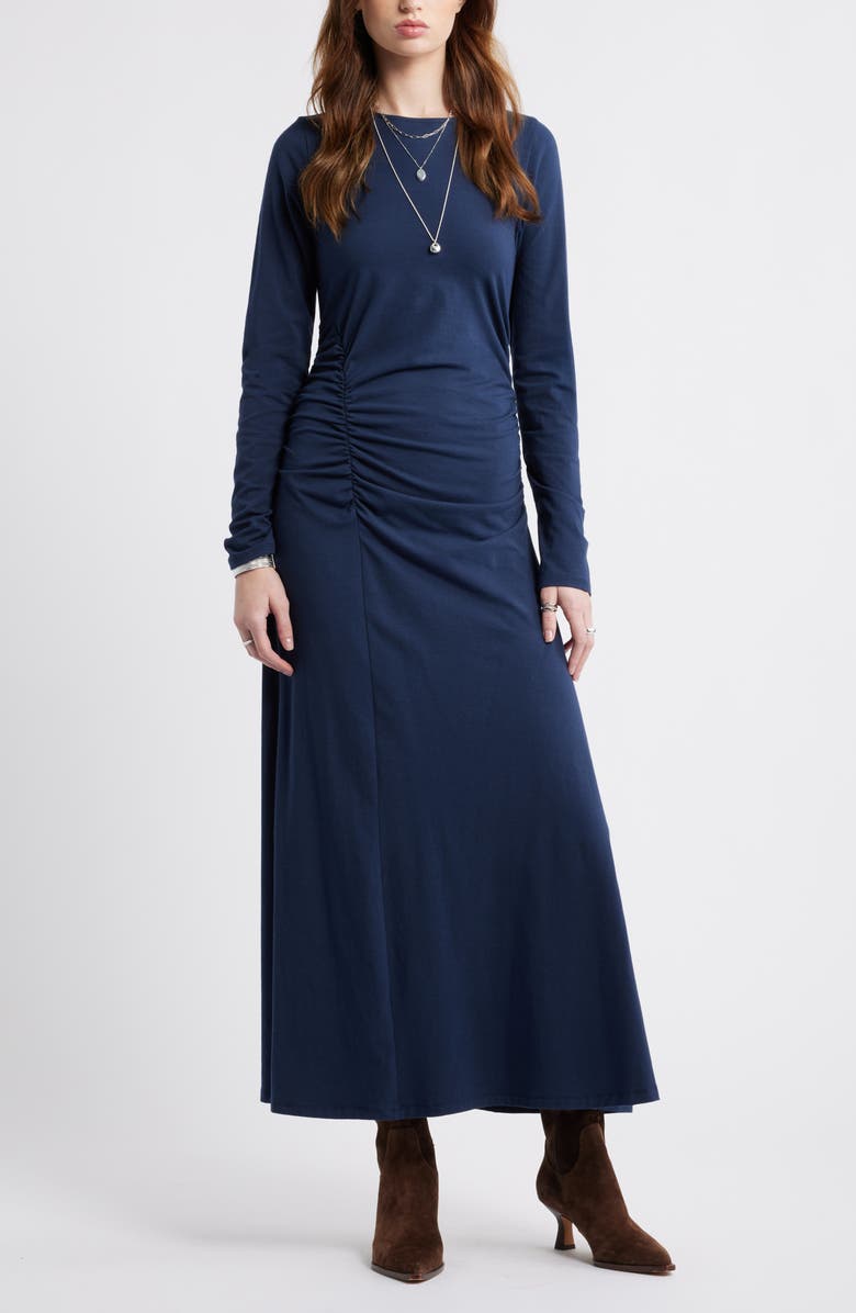 Treasure & Bond Side Ruched Long Sleeve Stretch Cotton Dress, Main, color, Navy Still