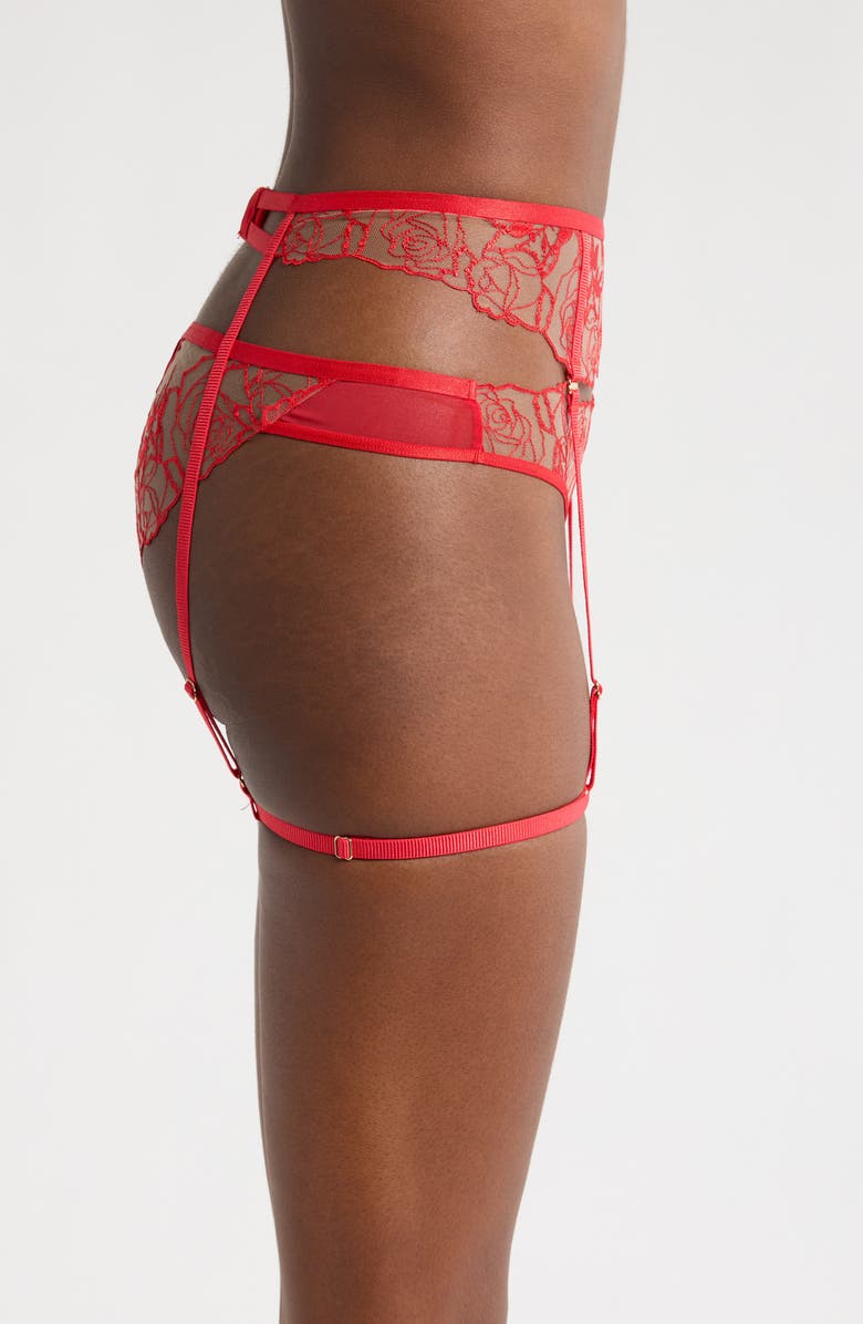 Bluebella Rosalie Embroidered Mesh Garter Belt with Thigh Straps, Alternate, color, Red/ Sheer