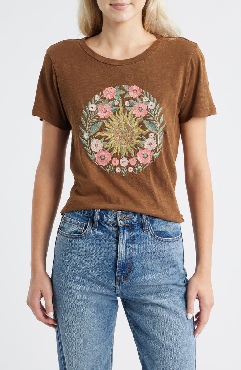 Lucky Brand Embroidered Floral Sun Cotton Graphic T-Shirt, Main, color, Emperador