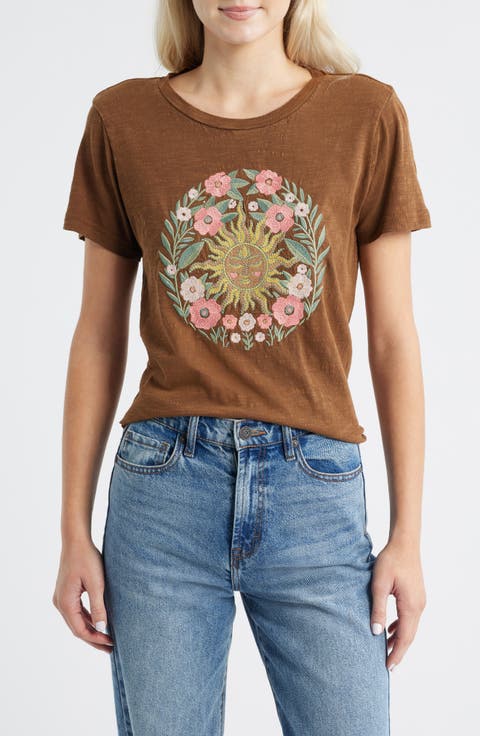 Embroidered Floral Sun Cotton Graphic T-Shirt