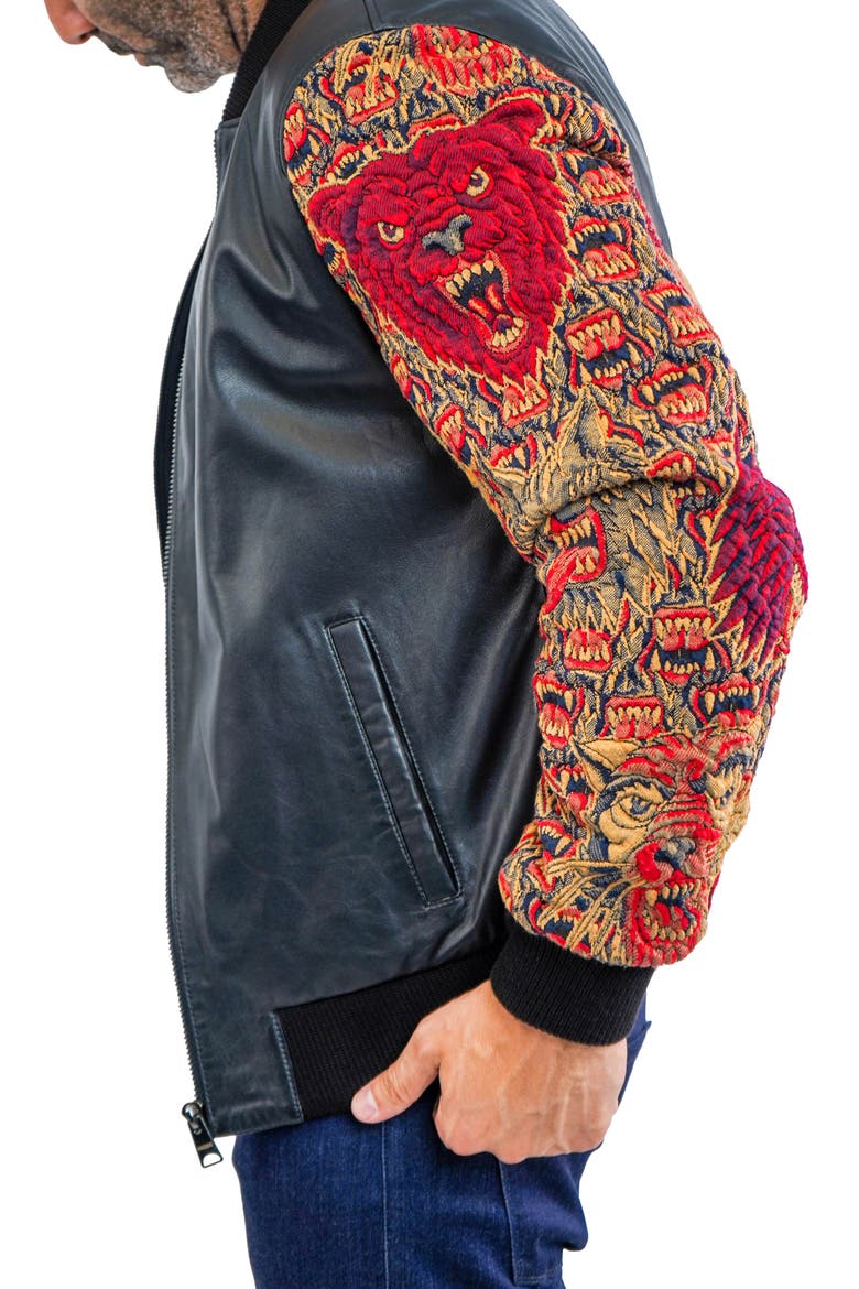 Dragon Sleeve Leather Bomber Jacket, Alternate, color, BLACK