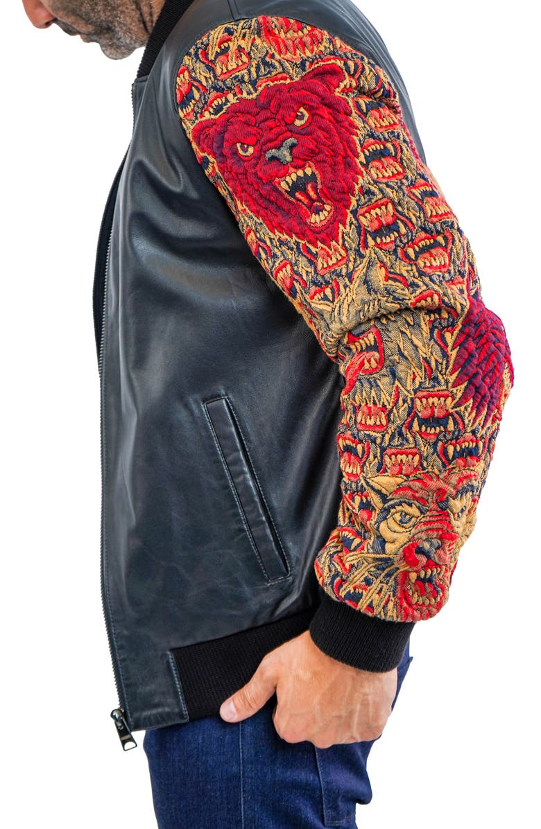 Maceoo Dragon Sleeve Leather Bomber Jacket, Alternate, color, Black