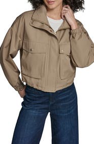 KARL LAGERFELD Water Resistant Crop Cotton Blend Bomber Jacket