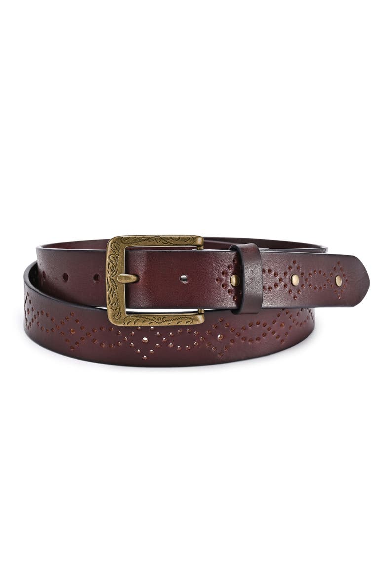 Daisy Genuine Leather Perforated Floral Detail Belt, Main, color, Brown