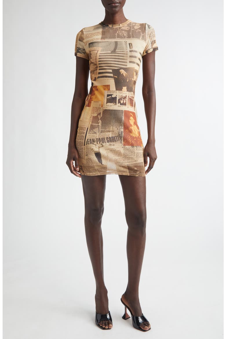 Newspaper Print Mesh Minidress, Main, color, ECRU/ LIGHT GREY/ RED