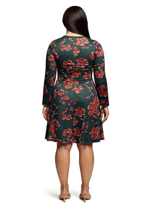 24seven Comfort Apparel Plus Size Long Sleeve Fit And Flare Dress In Multi