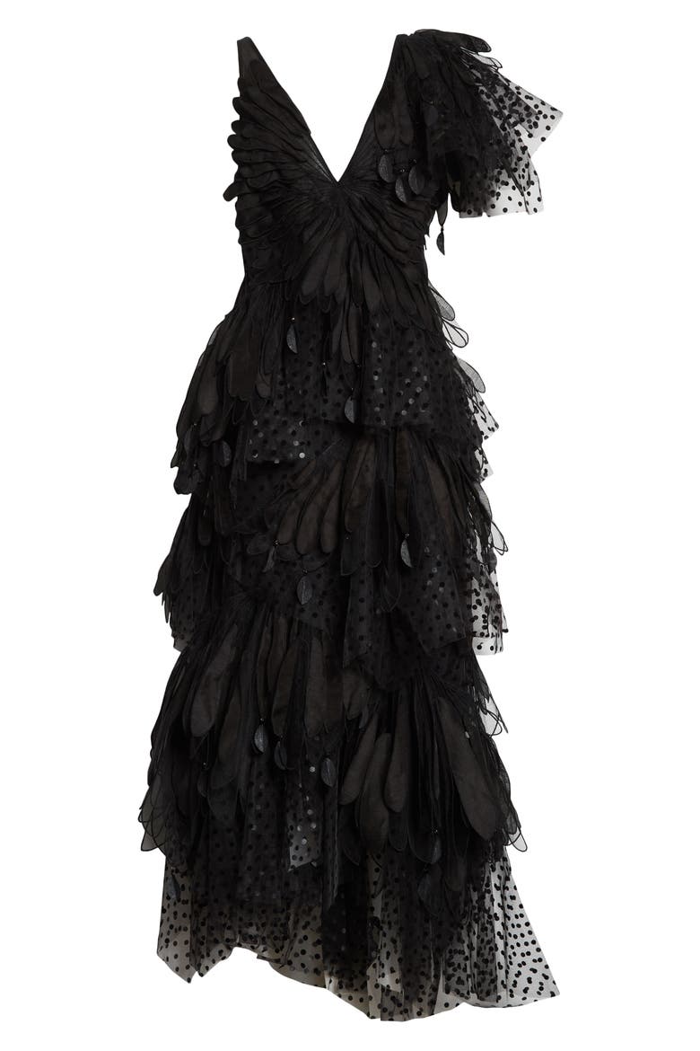 Rhythmic V-Neck Fluted Gown, Alternate, color, BLACK