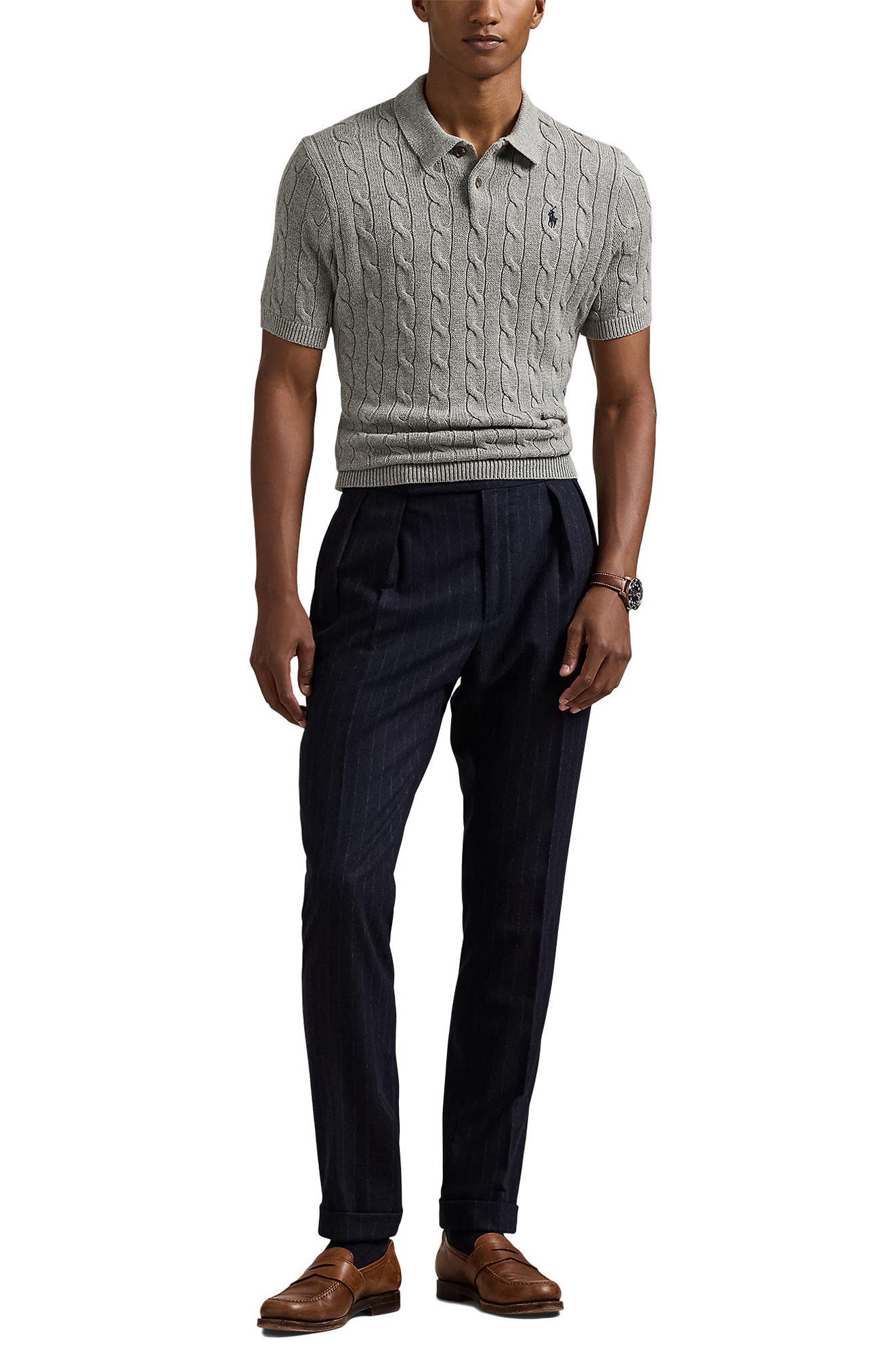Polo Ralph Lauren Roving Cotton Cable Knit Polo Sweater (Men
