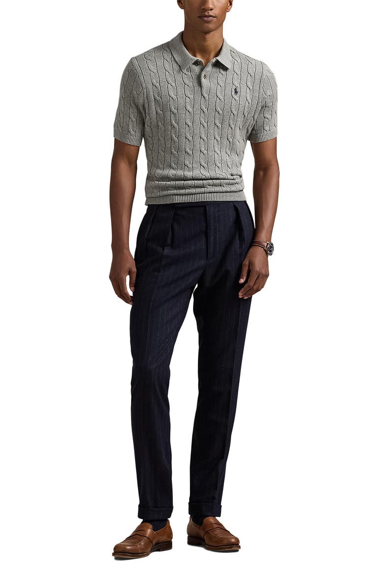 Roving Cotton Cable Knit Polo Sweater, Alternate, color, FAWN GREY HEATHER
