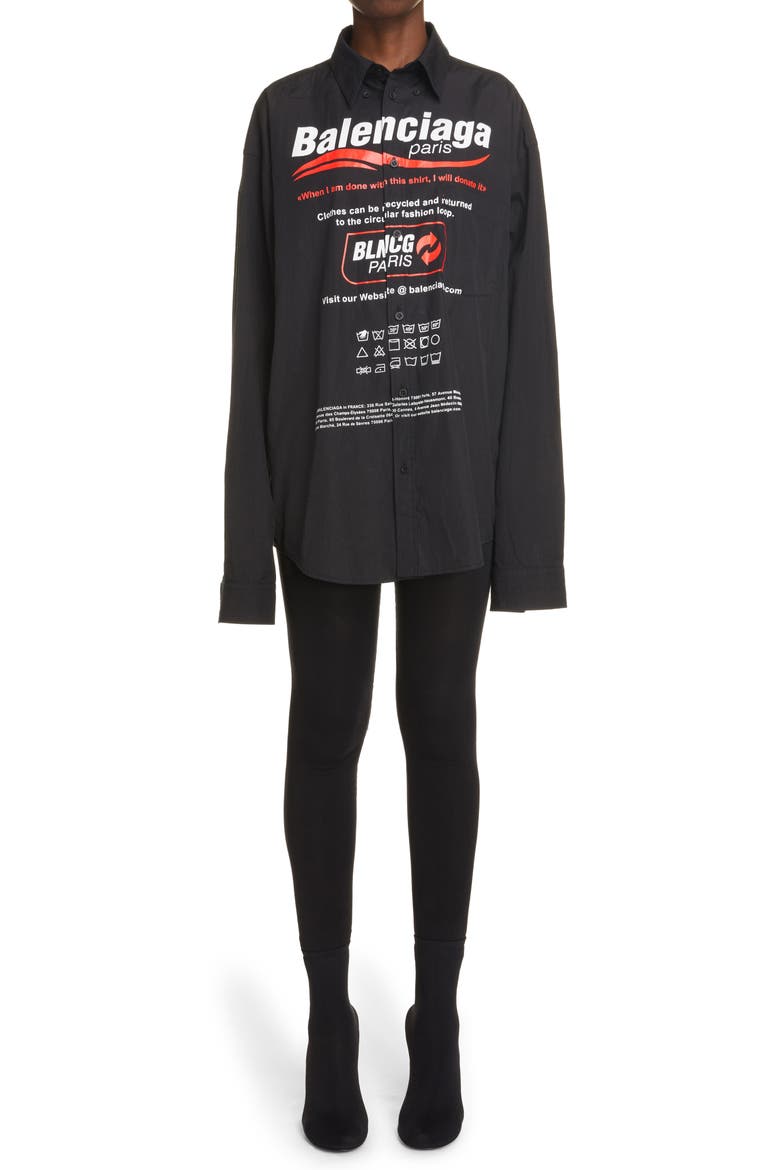 Dry Cleaning Logo Oversize Poplin Button-Down Shirt, Alternate, color, BLACK
