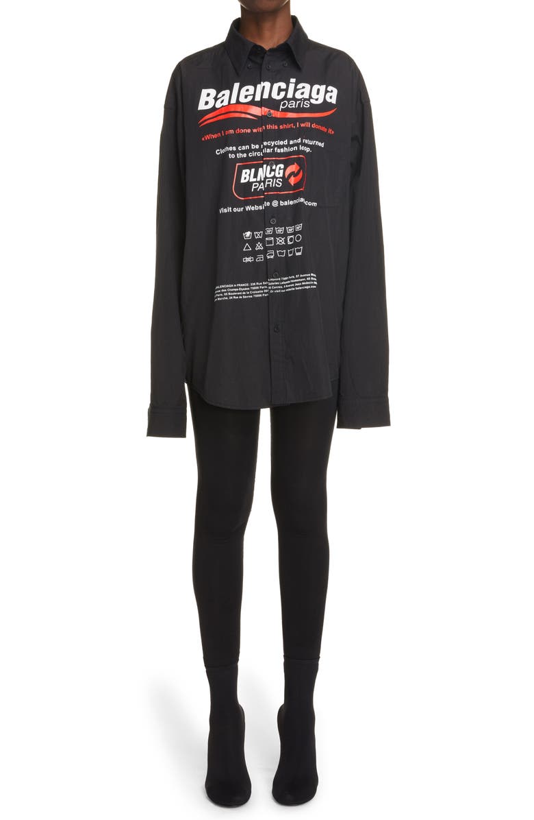 Balenciaga Dry Cleaning Logo Oversize Poplin Button-Down Shirt, Alternate, color, 