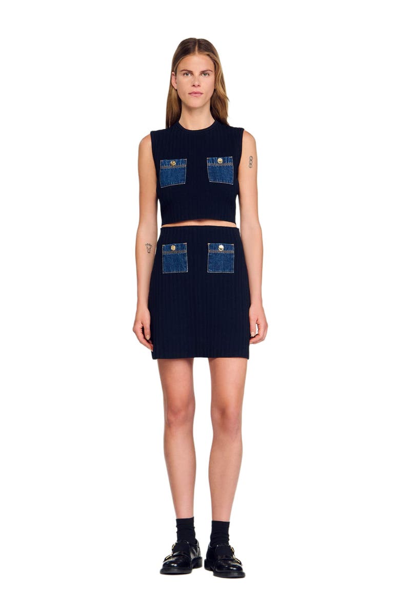 SANDRO Short knit and denim skirt, Main, color, Navy Blue